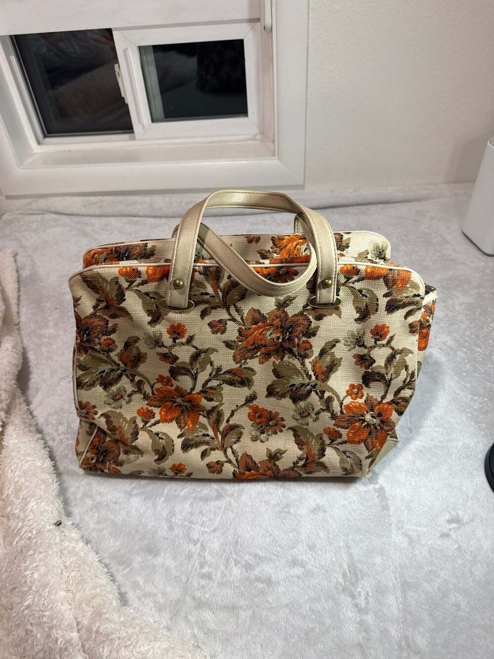 Vintage Sera Floral Tapestry Handbag Orange Brown Flower Carpet Bag - Picture 2 of 6